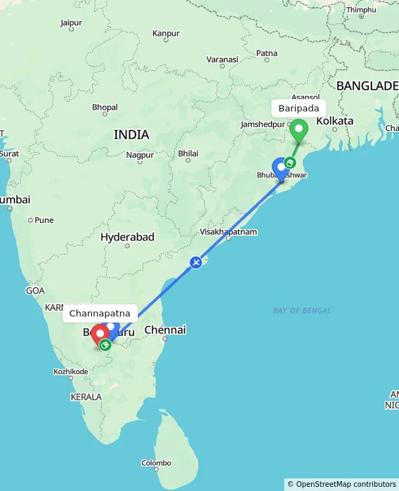 Route map showing distance and travel time from Baripada, India to Channapatna, India