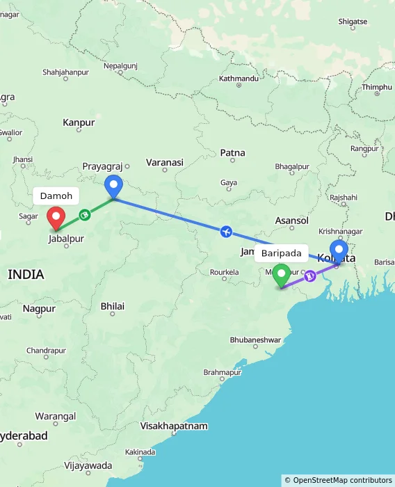 Route map showing distance and travel time from Baripada, India to Damoh, India