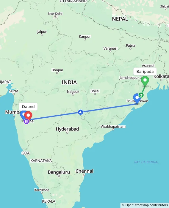 Route map showing distance and travel time from Baripada, India to Daund, India