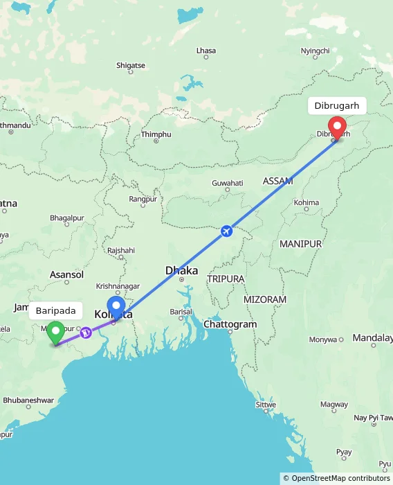 Route map showing distance and travel time from Baripada, India to Dibrugarh, India