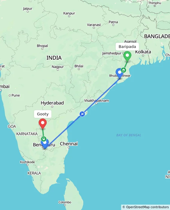 Route map showing distance and travel time from Baripada, India to Gooty, India