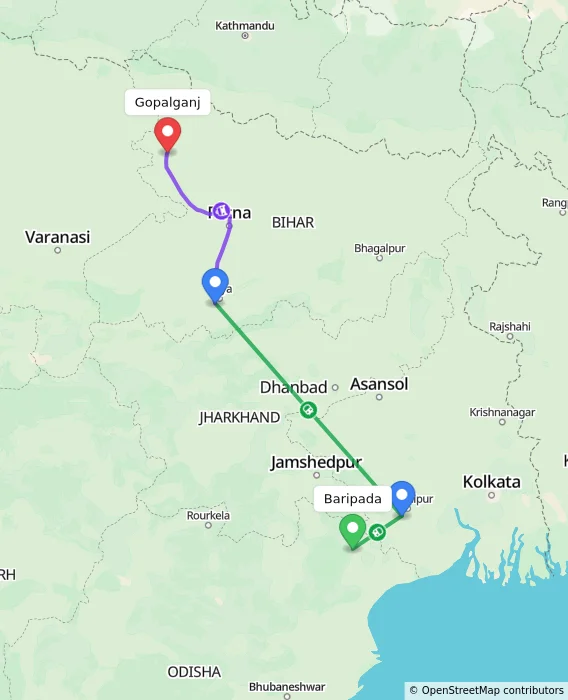 Route map showing distance and travel time from Baripada, India to Gopalganj, India