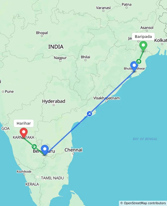 Route map showing distance and travel time from Baripada, India to Harihar, India
