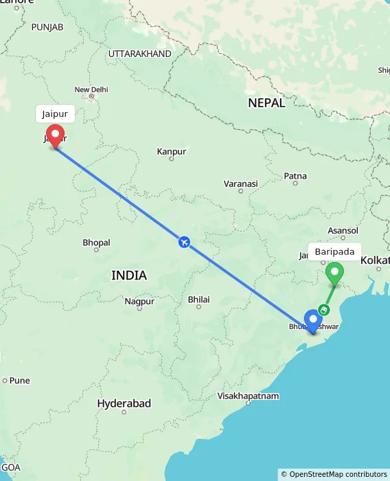 Route map showing distance and travel time from Baripada, India to Jaipur, India