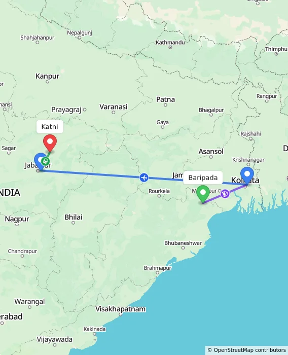 Route map showing distance and travel time from Baripada, India to Katni, India