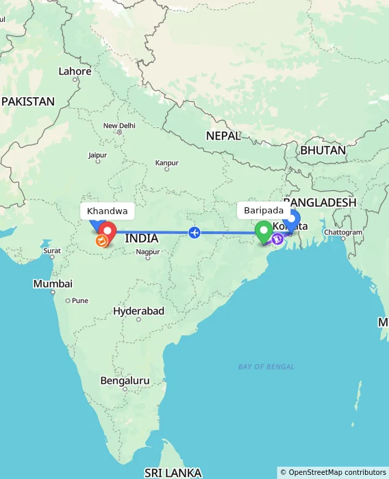 Route map showing distance and travel time from Baripada, India to Khandwa, India