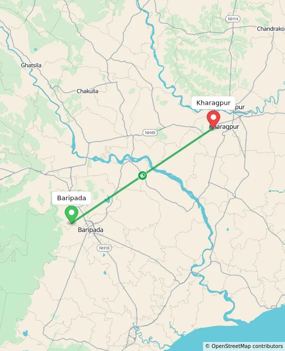 Route map showing distance and travel time from Baripada, India to Kharagpur, India