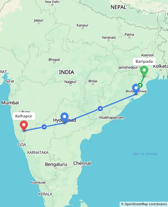 Route map showing distance and travel time from Baripada, India to Kolhapur, India