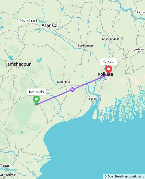 Route map showing distance and travel time from Baripada, India to Kolkata, India