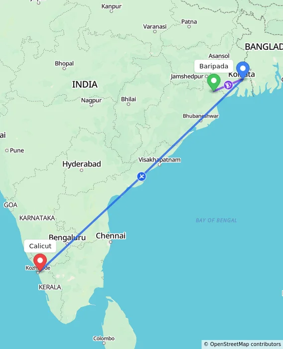 Route map showing distance and travel time from Baripada, India to Kozhikode, India