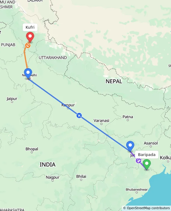 Route map showing distance and travel time from Baripada, India to Kufri, India