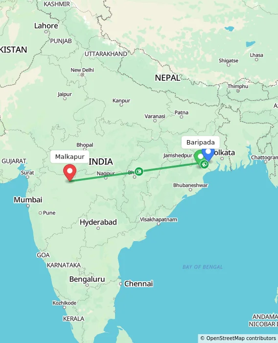 Route map showing distance and travel time from Baripada, India to Malkapur, India