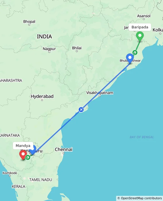Route map showing distance and travel time from Baripada, India to Mandya, India