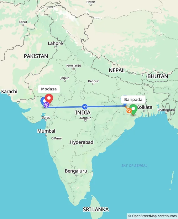 Route map showing distance and travel time from Baripada, India to Modasa, India