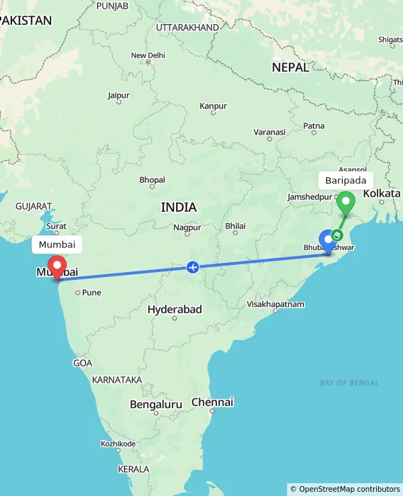 Route map showing distance and travel time from Baripada, India to Mumbai, India