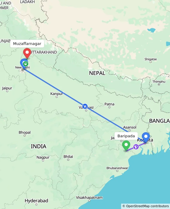 Route map showing distance and travel time from Baripada, India to Muzaffarnagar, India