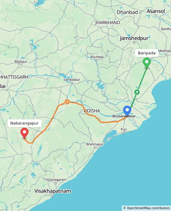 Route map showing distance and travel time from Baripada, India to Nabarangapur, India