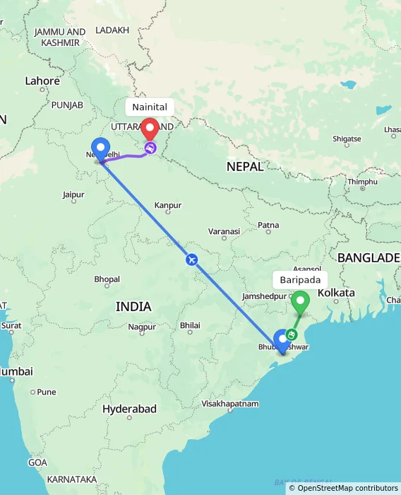 Route map showing distance and travel time from Baripada, India to Nainital, India