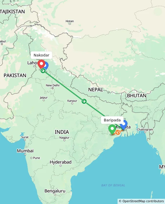 Route map showing distance and travel time from Baripada, India to Nakodar, India
