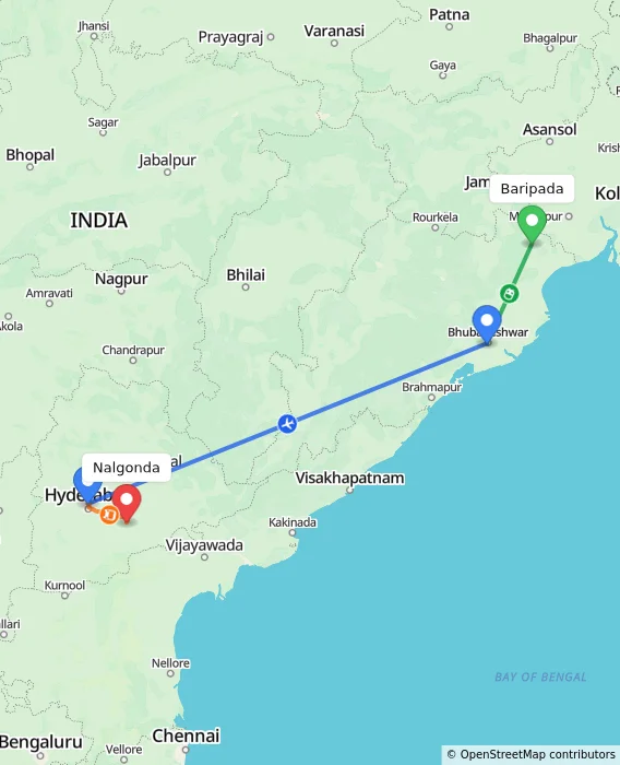 Route map showing distance and travel time from Baripada, India to Nalgonda, India