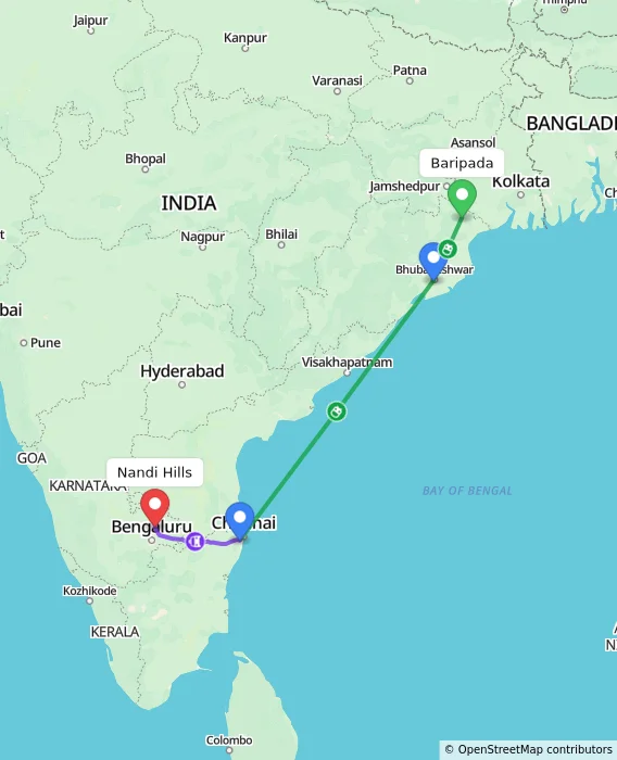 Route map showing distance and travel time from Baripada, India to Nandi Hills, India