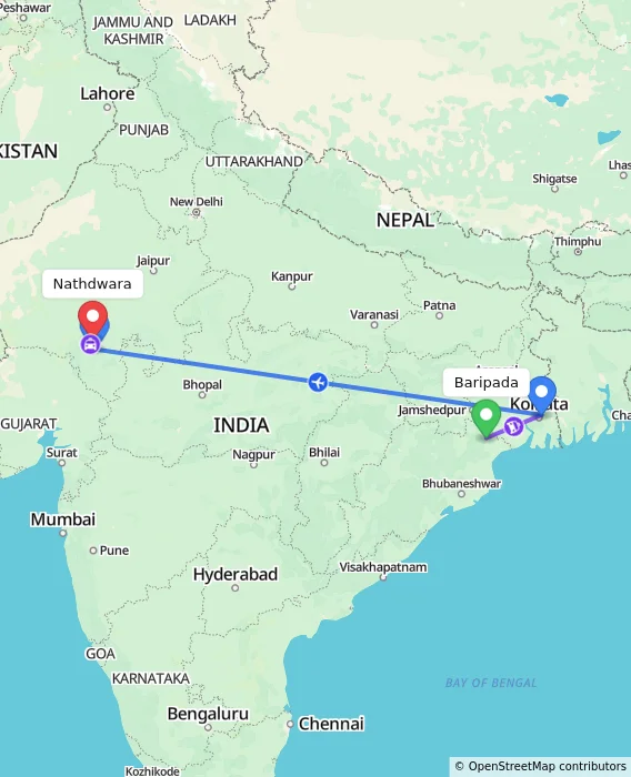 Route map showing distance and travel time from Baripada, India to Nathdwara, India