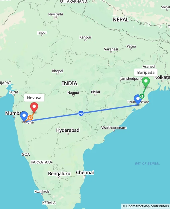 Route map showing distance and travel time from Baripada, India to Nevasa, India