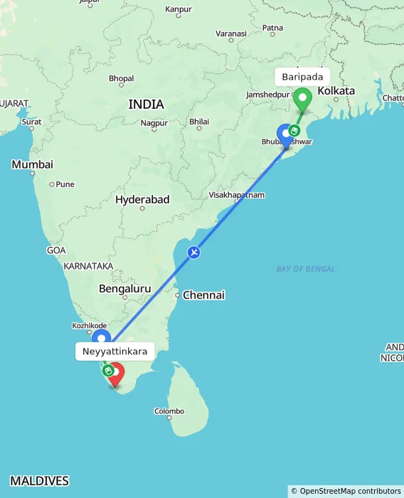 Route map showing distance and travel time from Baripada, India to Neyyattinkara, India