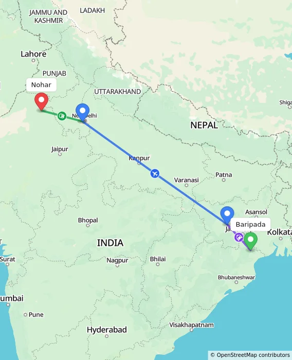 Route map showing distance and travel time from Baripada, India to Nohar, India