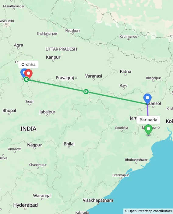 Route map showing distance and travel time from Baripada, India to Orchha, India