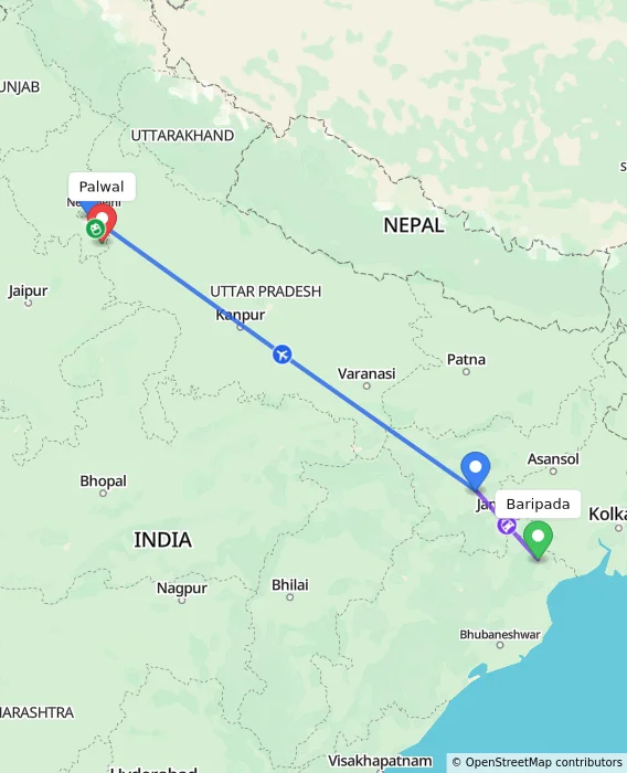 Route map showing distance and travel time from Baripada, India to Palwal, India