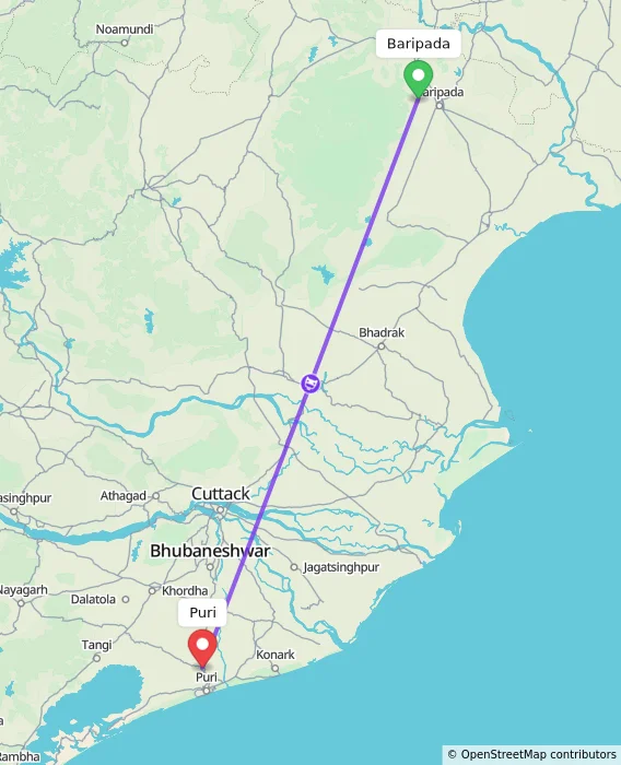 Route map showing distance and travel time from Baripada, India to Puri, India