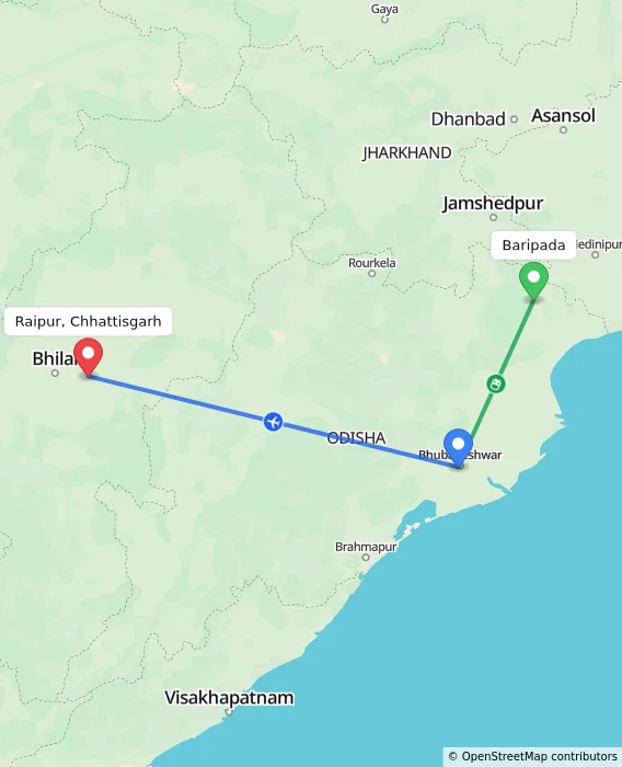Route map showing distance and travel time from Baripada, India to Raipur, Chhattisgarh, India