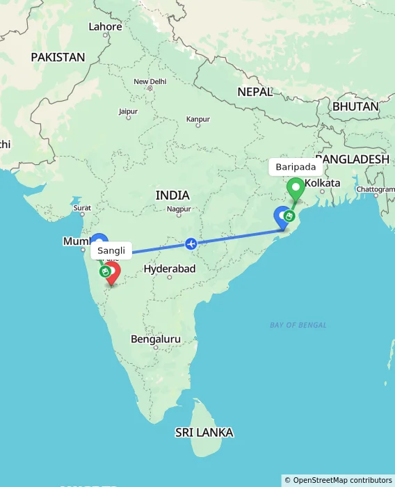 Route map showing distance and travel time from Baripada, India to Sangli, India