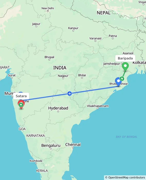 Route map showing distance and travel time from Baripada, India to Satara, India