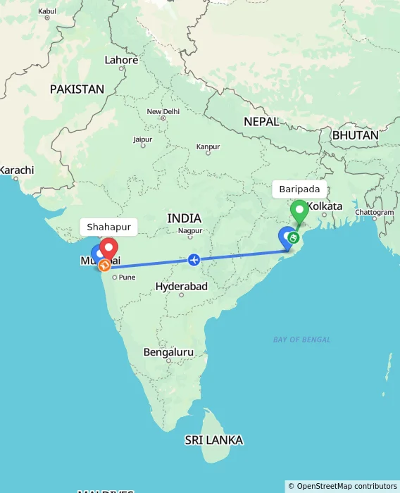 Route map showing distance and travel time from Baripada, India to Shahapur, India