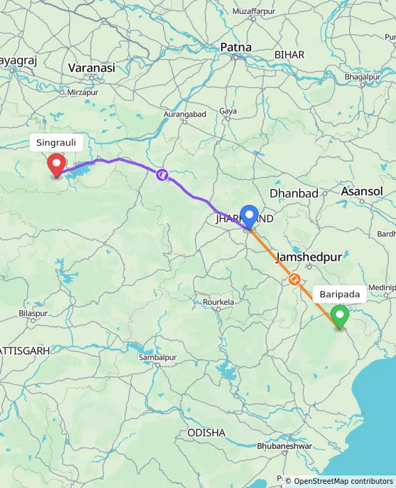 Route map showing distance and travel time from Baripada, India to Singrauli, India