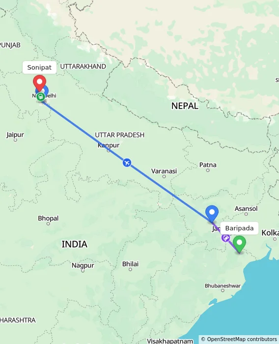 Route map showing distance and travel time from Baripada, India to Sonipat, India