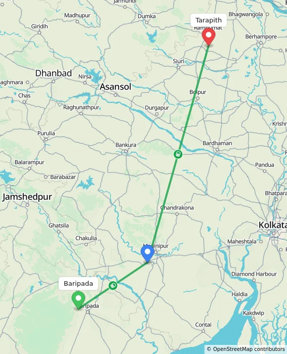 Route map showing distance and travel time from Baripada, India to Tarapith, India
