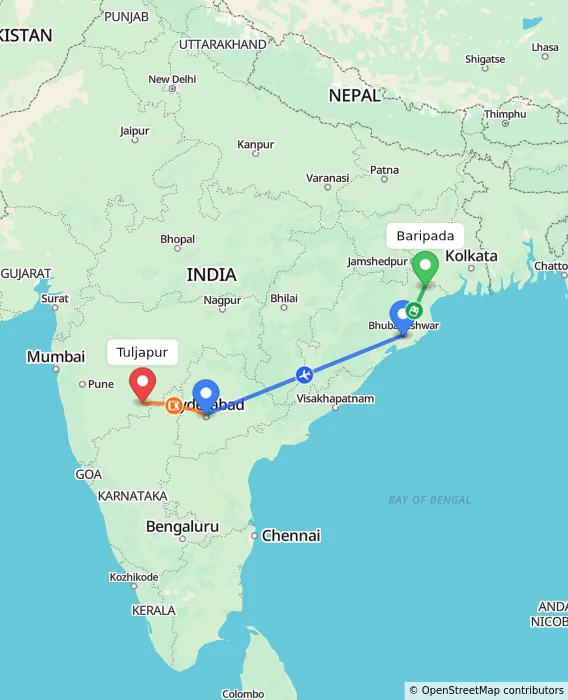 Route map showing distance and travel time from Baripada, India to Tuljapur, India