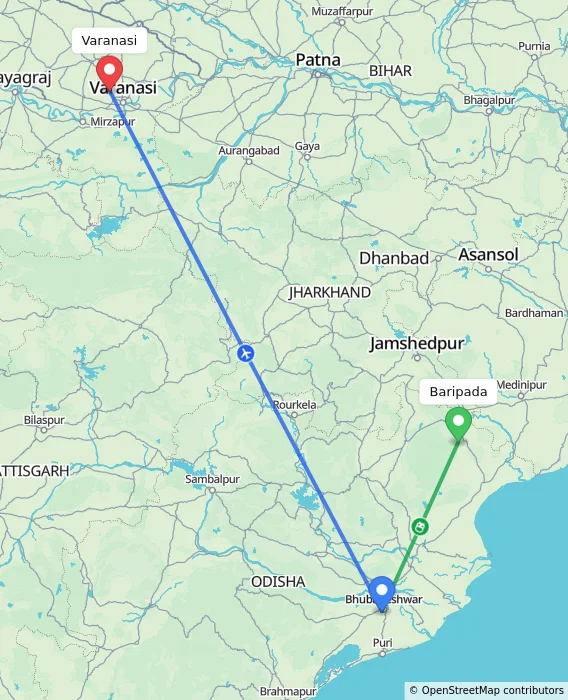 Route map showing distance and travel time from Baripada, India to Varanasi, India