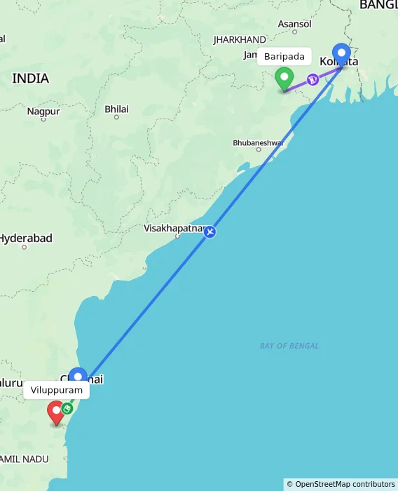 Route map showing distance and travel time from Baripada, India to Viluppuram, India