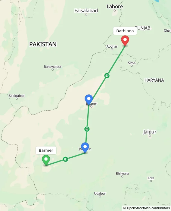 Route map showing distance and travel time from Barmer, India to Bathinda, India