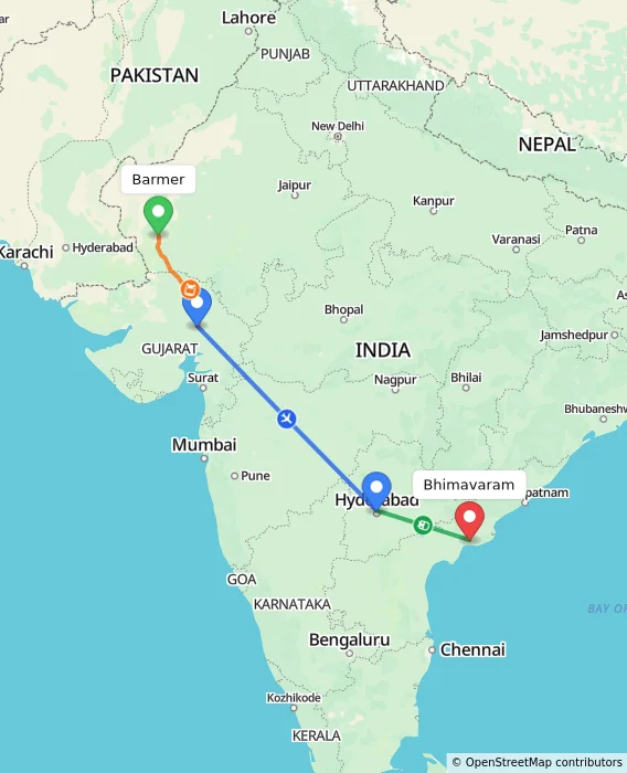 Route map showing distance and travel time from Barmer, India to Bhimavaram, India