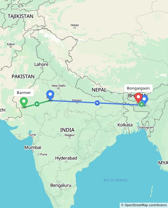 Route map showing distance and travel time from Barmer, India to Bongaigaon, India