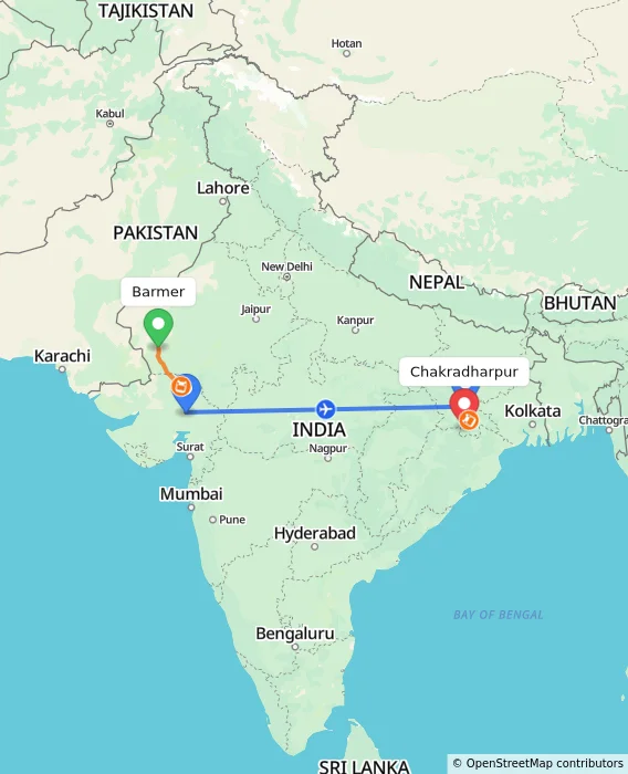 Route map showing distance and travel time from Barmer, India to Chakradharpur, India
