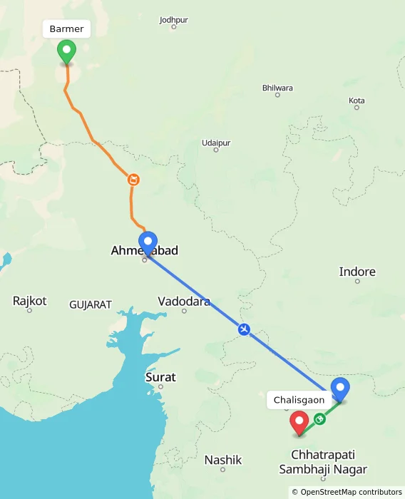 Route map showing distance and travel time from Barmer, India to Chalisgaon, India
