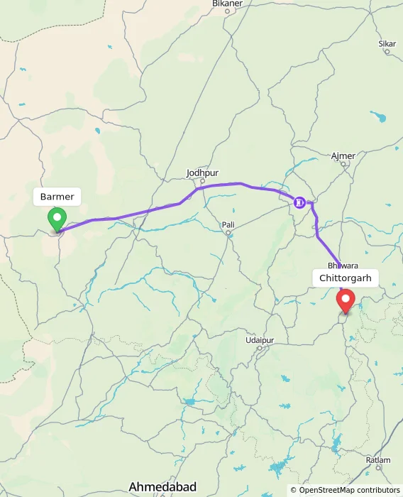 Route map showing distance and travel time from Barmer, India to Chittorgarh, India