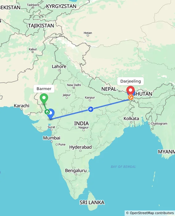 Route map showing distance and travel time from Barmer, India to Darjeeling, India