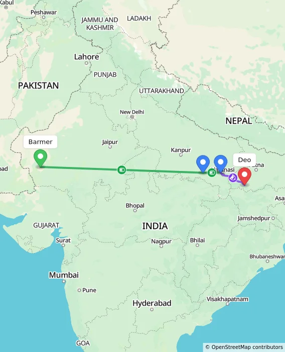 Route map showing distance and travel time from Barmer, India to Deo, India